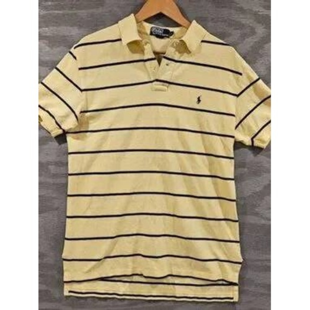 Polo Ralph Lauren Mens Large Yellow Navy Blue Striped Cotton Pique Polo Shirt